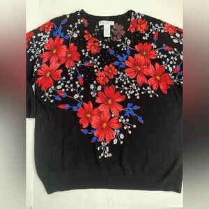 Rebecca Malone Plus Size Black Floral Sweater – Red & Blue Flowers – Size 2X